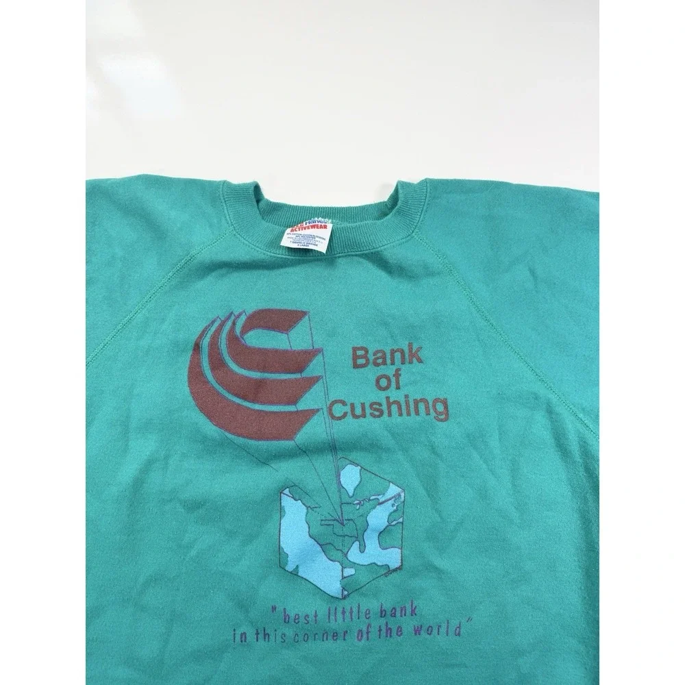 Vintage 80s Green Hanes Sweatshirt Bank Of Cushing USA MadeXL Crewneck Pullover‎